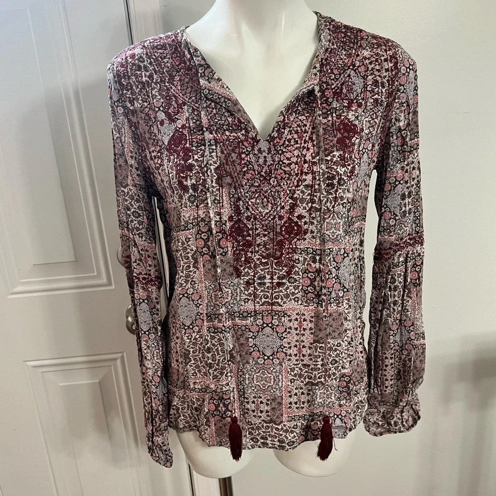 Knox Rose Boho Blouse - Burgundy and Taupe